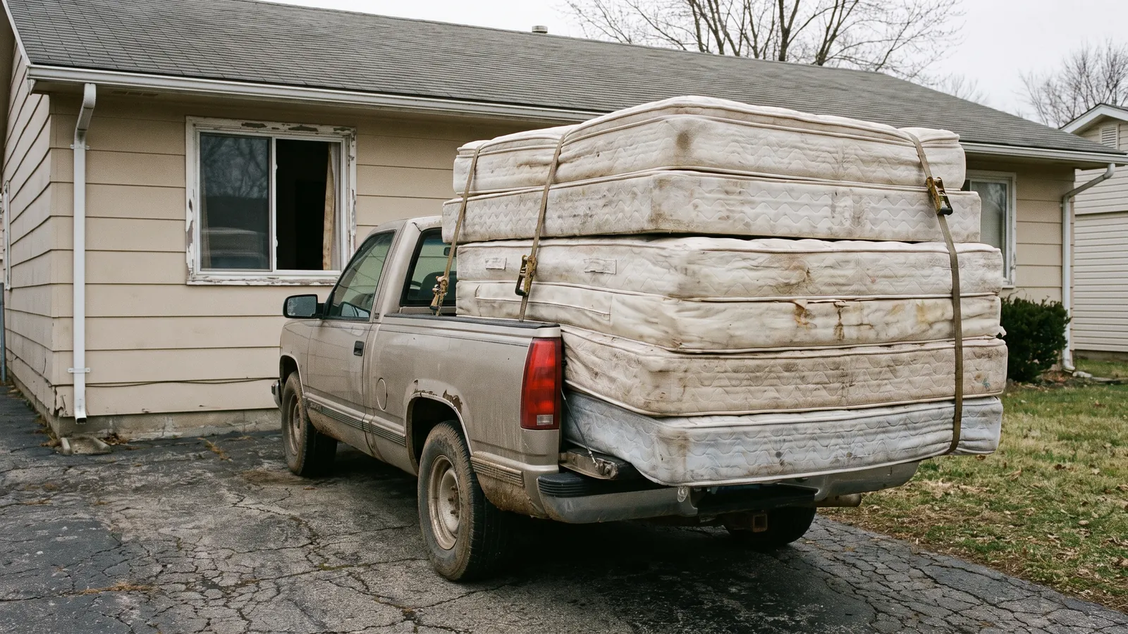Three mattresses and two box springs stacked and strapped at the tailgate of a hauling truck, a bare bedroom window behind