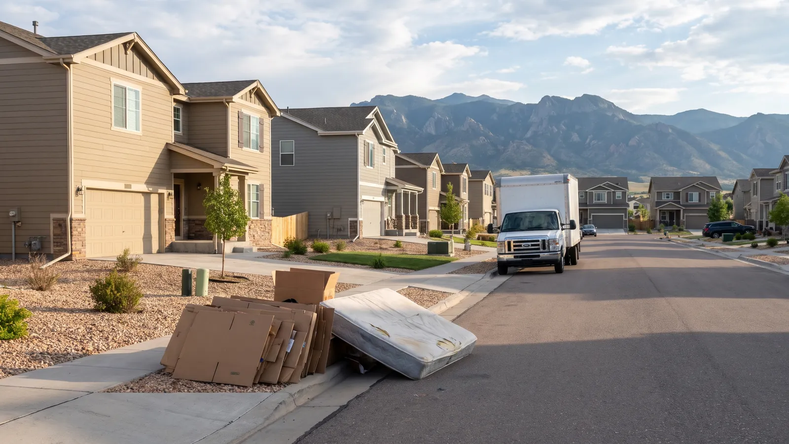 A street of newer two-story homes near Fort Carson with flattened moving boxes and a bare mattress at one curb, the mountains behind