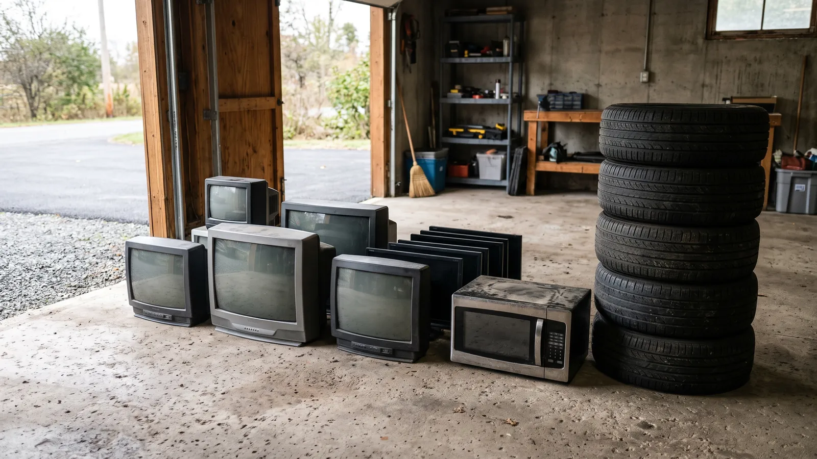 Old tube televisions, computer monitors, a microwave and a stack of car tires sorted on a concrete floor for recycling pickup