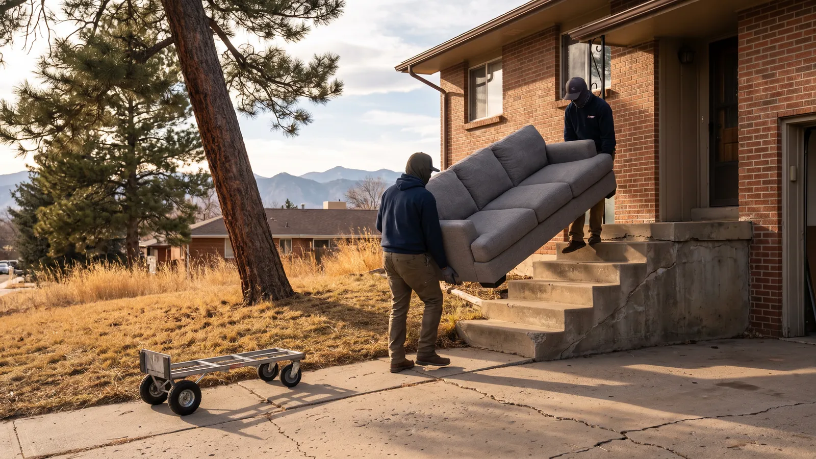 A grey sectional sofa being carried down the exterior steps of a split-level home by two haulers, a dolly waiting at the bottom