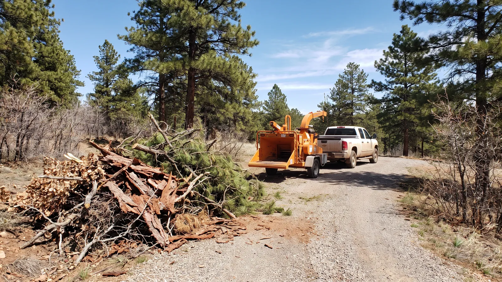 A pile of cut ponderosa pine branches and scrub oak beside a gravel drive on a wooded foothills lot west of Colorado Springs, a chipper trailer nearby